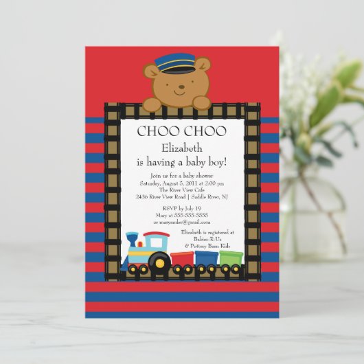 Choo Chooのベビーの列車の男の子のベビーシャワーの招待状 招待状 (スタンド正面)