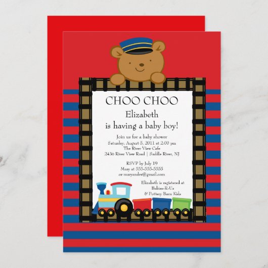 Choo Chooのベビーの列車の男の子のベビーシャワーの招待状 招待状 (正面/裏面)