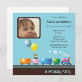 Choo Chooの列車-誕生日のパーティの招待状(青い) 招待状 (正面/裏面)