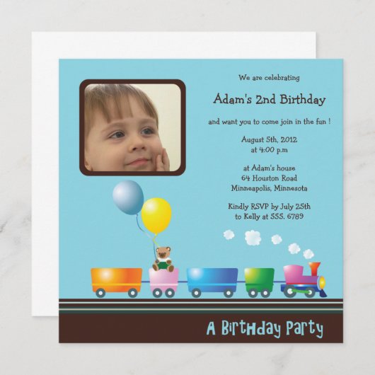 Choo Chooの列車-誕生日のパーティの招待状(青い) 招待状 (正面/裏面)