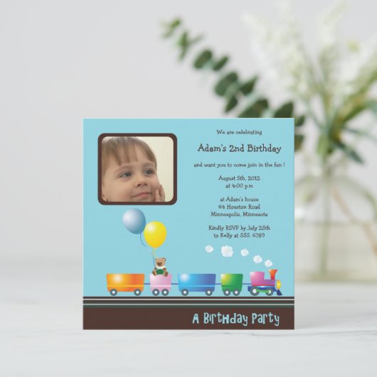 Choo Chooの列車-誕生日のパーティの招待状(青い) 招待状 (スタンド正面)