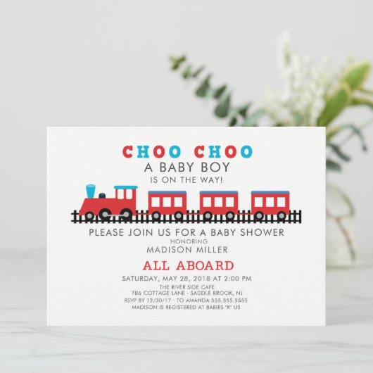 CHOO CHOOトレインボーイズ赤ちゃんシャワー招待状 招待状 (スタンド正面)