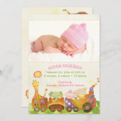 Choo Choo Trainベビーガールフォト誕生 案内状 (正面/裏面)