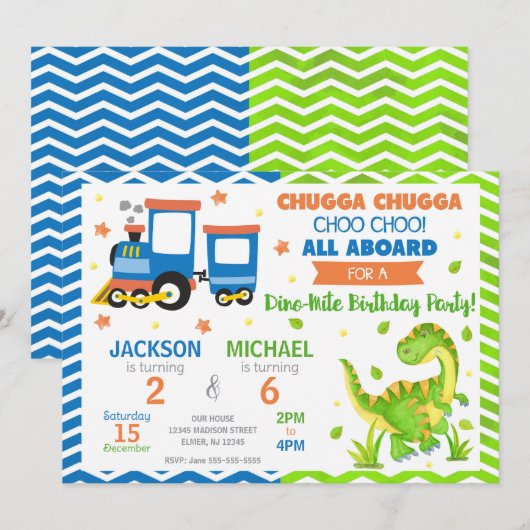 Choo Choo Train & Dinosaur Joint Birthday 招待状 (正面/裏面)