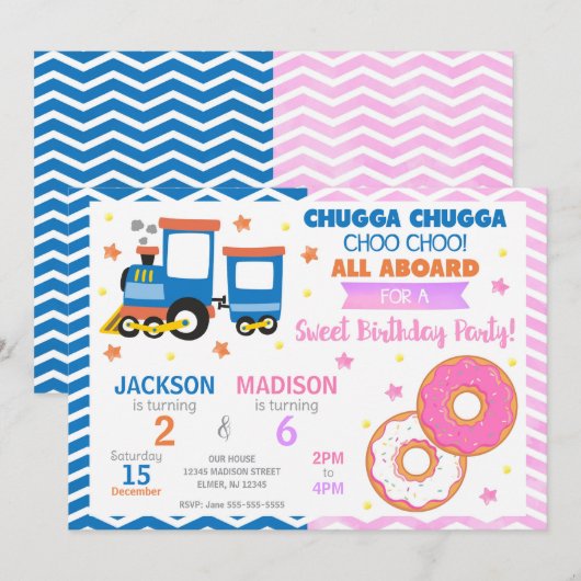 Choo Choo Train & Donuts Joint Birthday 招待状 (正面/裏面)