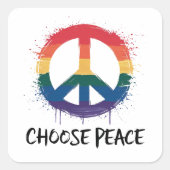 「Choose Peace」とのレインボーピースサイン文字 スクエアシール (正面)