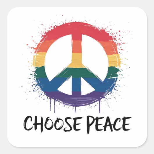 「Choose Peace」とのレインボーピースサイン文字 スクエアシール (正面)