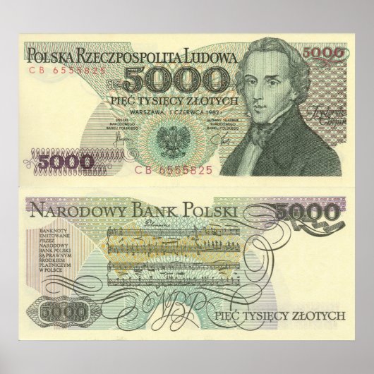 Chopin's portrait on Polish Currency poster ポスター (正面)