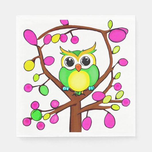 Chouette joyeuse dans un arbre multicolore スタンダードランチョンナプキン (正面)