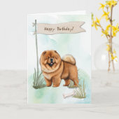 Chow Chow Breed Dog Outdoors Under Birthday Sign カード (黄色い花)