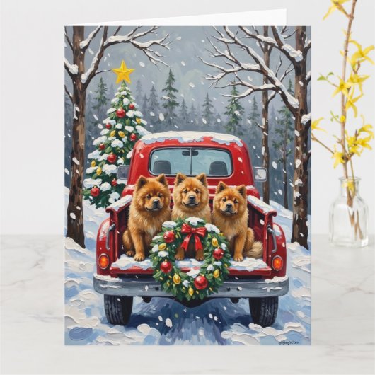 Chow Chow Christmas Red Truck Holiday カード (黄色い花)