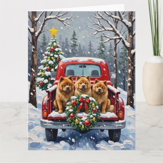 Chow Chow Christmas Red Truck Holiday カード (正面)