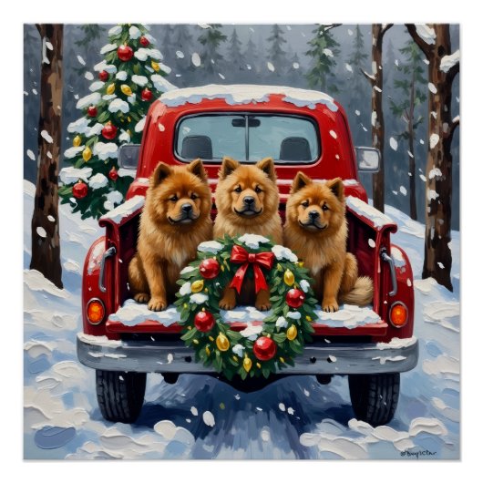 Chow Chow Christmas Red Truck Holiday ポスター (正面)