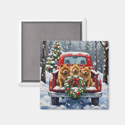 Chow Chow Christmas Red Truck Holiday マグネット (正面/裏面)