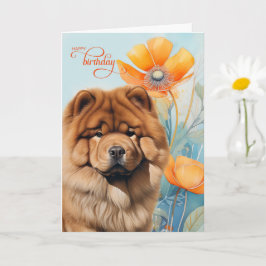 Chow Chow Dog in an Orange Poppy Garden Birthday カード