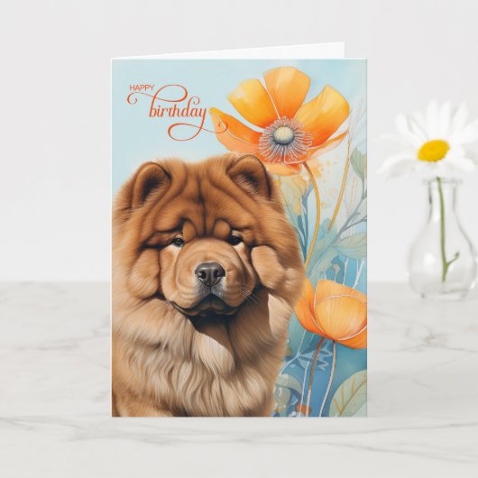 Chow Chow Dog in an Orange Poppy Garden Birthday カード (小さな植物)