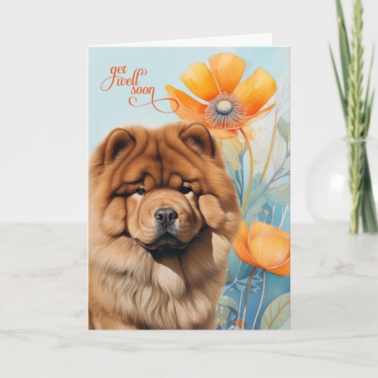 Chow Chow Dog Orange Poppy Blooms Get Well カード (正面)