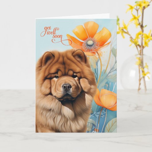 Chow Chow Dog Orange Poppy Blooms Get Well カード (黄色い花)