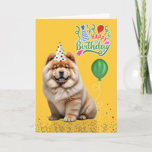 Chow Chow Dog Party Hat Yellow Birthday カード (正面)