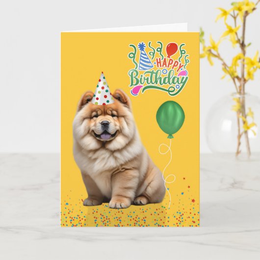 Chow Chow Dog Party Hat Yellow Birthday カード (黄色い花)