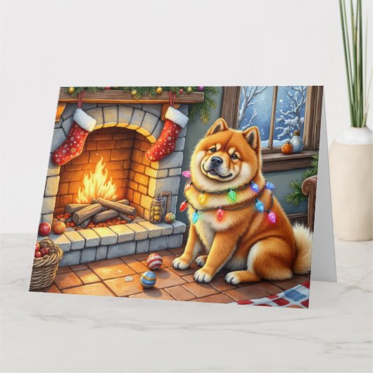 Chow Chow Sitting Fireplace with Christmas Lights カード (正面)