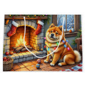 Chow Chow Sitting Fireplace with Christmas Lights ラージペーパーバッグ (正面)