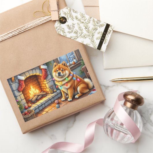 Chow Chow Sitting Fireplace with Christmas Lights 長方形シール (ギフト)