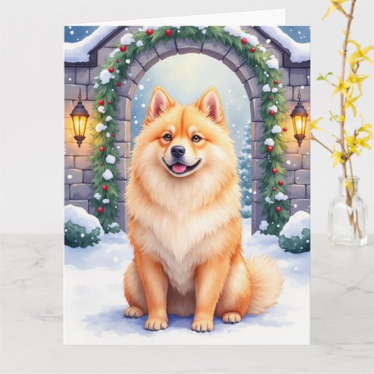 Chow Chow Snowy Stone Courtyard Christmas Art カード (黄色い花)