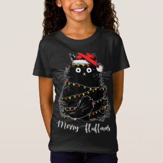 Chrにメリーライトを付けたSanta Hatクリスマス付きフラフマス猫 Tシャツ