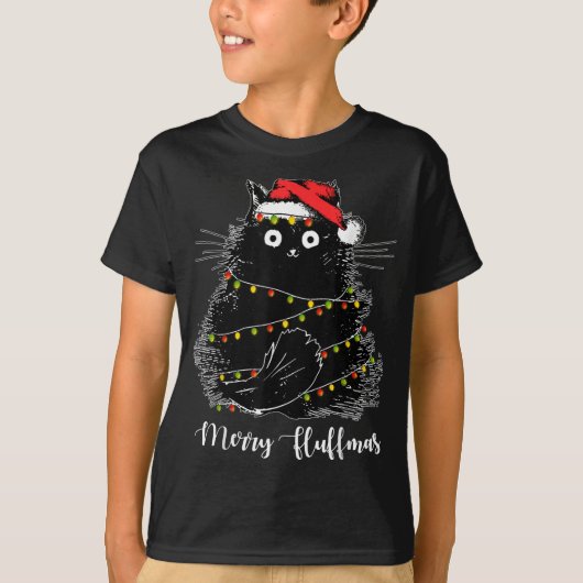 Chrにメリーライトを付けたSanta Hatクリスマス付きフラフマス猫 Tシャツ (正面)