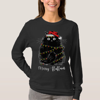 Chrにメリーライトを付けたSanta Hatクリスマス付きフラフマス猫 Tシャツ