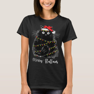 Chrにメリーライトを付けたSanta Hatクリスマス付きフラフマス猫 Tシャツ