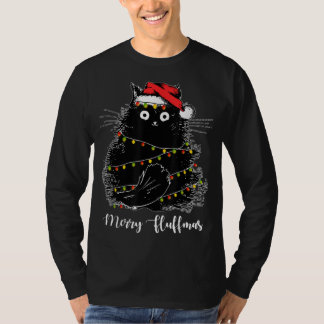 Chrにメリーライトを付けたSanta Hatクリスマス付きフラフマス猫 Tシャツ