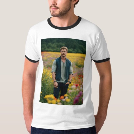 Chris Hemsworthシグネチャー刺繍メンズベーシック Tシャツ (正面)