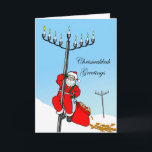 Chrismukkah、異教徒間の休日、サンタおよび（ユダヤ教）メノラー シーズンカード<br><div class="desc">Chrismukkahの挨拶! サンタクロースは街灯柱/街灯の形をした（ユダヤ教）メノラーに上ります。 彼のギフトバッグはgeltおよびdreidelsで満ちています。 geltの一部に雪に落ちたがあります。 この異教徒間の挨拶状とのハヌカーそしてクリスマスを祝って下さい。 JohnnyAutomatic/Openclipartのサンタの要素の礼儀。 イメージおよび詩は©のShoaff Ballangerのスタジオ2015年の著作権をとります。</div>