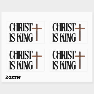 Christ is King 黒文字と茶色の木の十字架 長方形シール