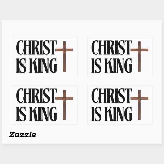 Christ is King | 黒文字と茶色の木の十字架 長方形シール (シート)
