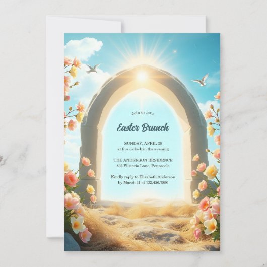 Christ Is Risen Floral Religious Easter Brunch 招待状 (正面)