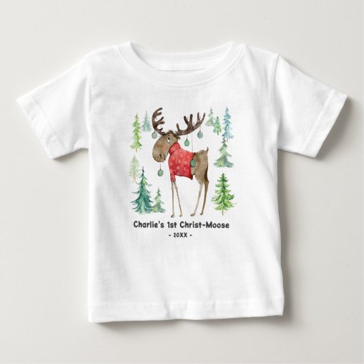 Christ-MooseボディスーツTシャツベビー初めてのクリスマス ベビーTシャツ (正面)