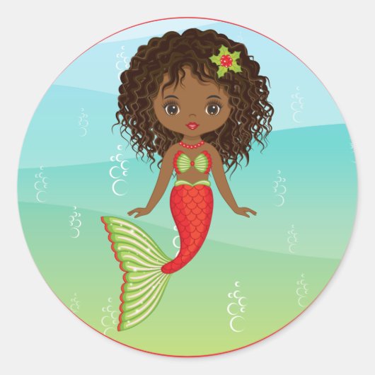 Christams African American Mermaid Roundステッカー ラウンドシール (正面)
