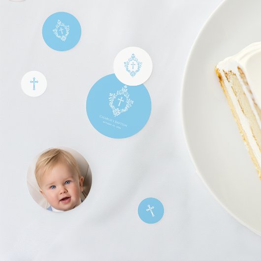 Christening Baby Blue Boy Photo and Crest Baptism コンフェッティ
