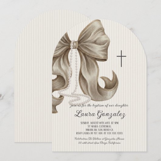 Christening Baptism Elegant Neutral Striped Bow  招待状 (正面/裏面)