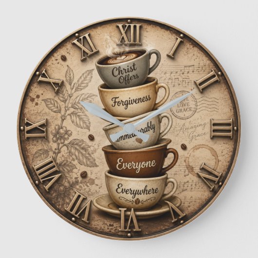 Christian Amazing Grace Coffee Lover Decor ラージ壁時計 (正面)