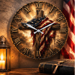 Christian American Flag Cross Patriotic Faith ラージ壁時計