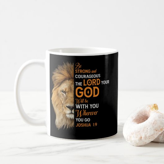 Christian Bible Verse Joshua 1 9 Lion Faith コーヒーマグカップ (ドーナツ)