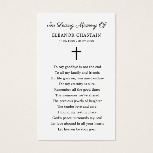 Christian Cross Funeral Memorial Prayer Cards (裏面)