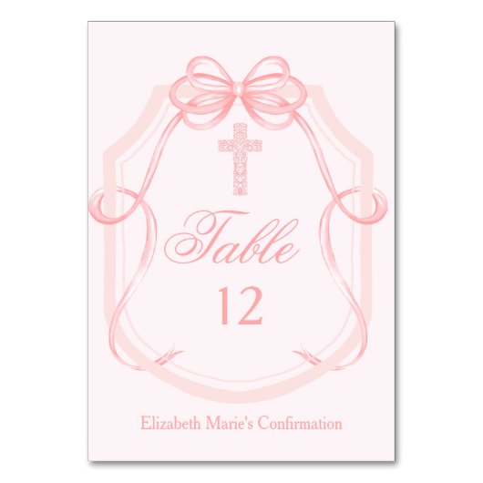 Christian Cross Pink Bow Ribbon Confirmation テーブルナンバー (正面)