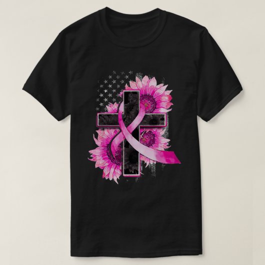 Christian Cross Pink Ribbon Sunflower Breast Cance Tシャツ (デザイン正面)