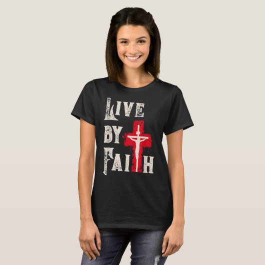 Christian Cross Scripture Live By Faith  Tシャツ (正面フル)