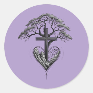 Christian Cross Tree Mountain Heart Sticker ラウンドシール